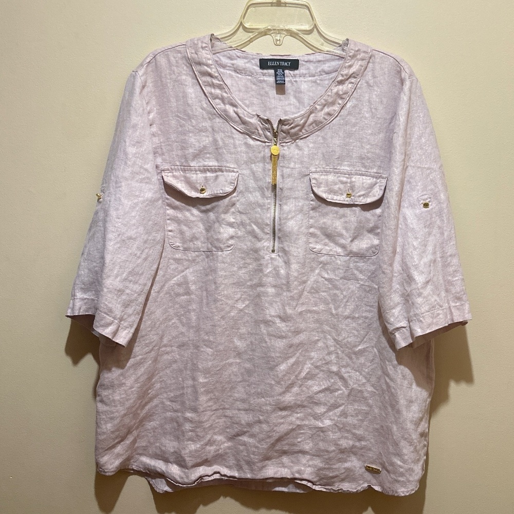 Ellen Tracy Linen blended Tunic women blouse Metallic Light pink color Sz XL